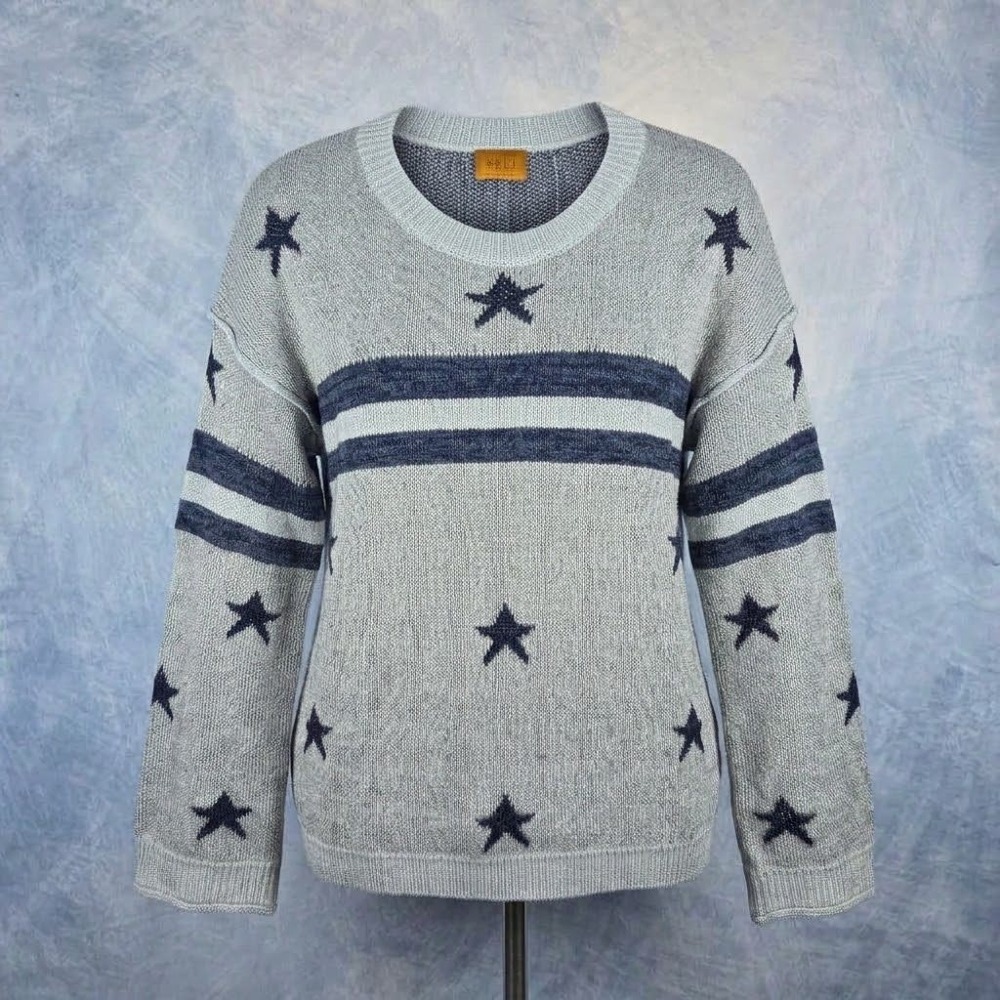 POL Womens Star Print Oversized Knit Sweater Light Blue Navy BST44 Size S